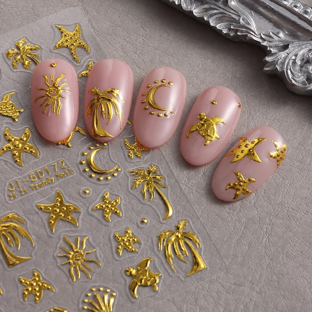 Summer Nail Stickers for Nail Art, 5D Embossed Gold Ocean Nail Decals Starfis…