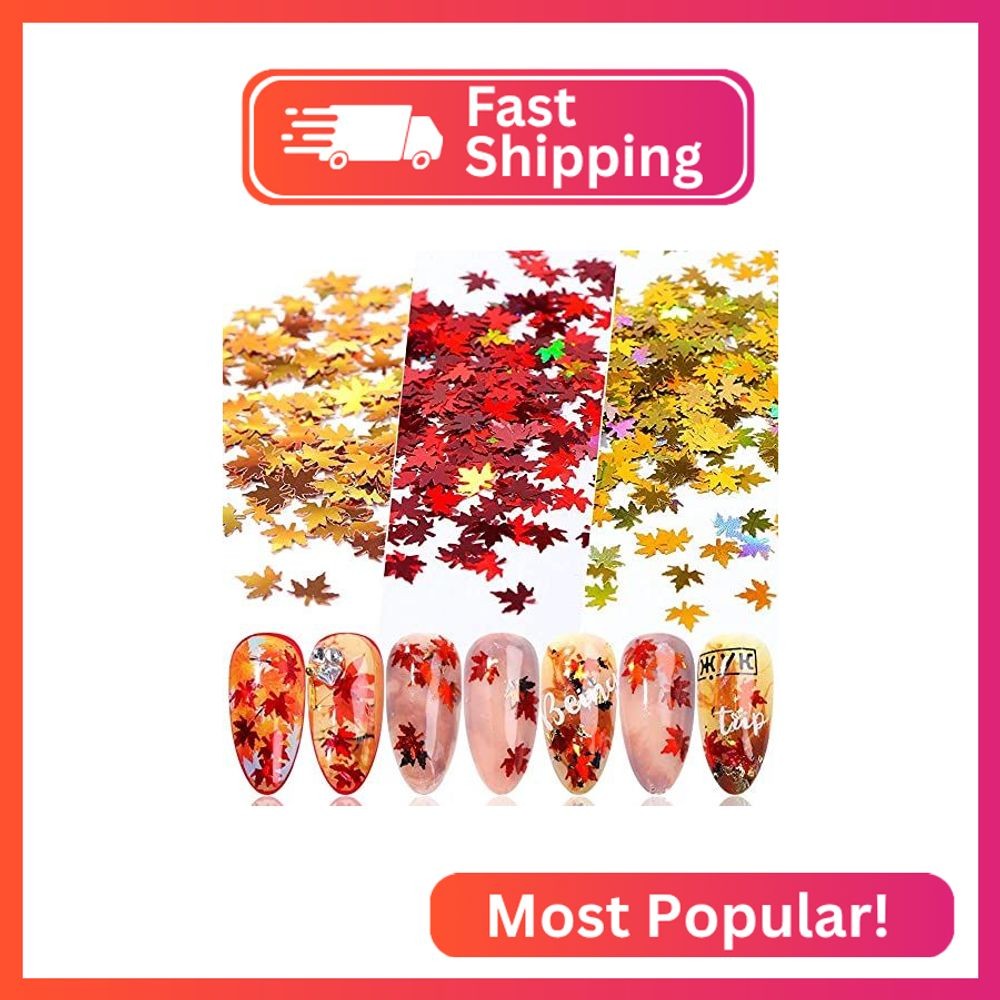 Fall Glitter Nail Sequins, 24 Colors Holographic Maple Leaf Art Flakes, Orange G