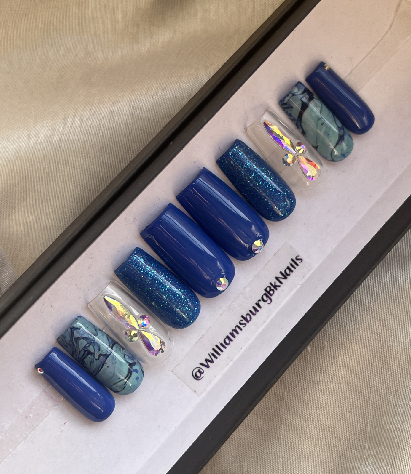 🔥CUSTOM Gel press On Nails, BLUE BLING , Medium Square, 10p Set With FULL KIT