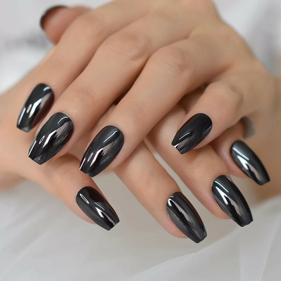 Gunmetal Gray Chrome Mirror Medium Coffin Press On Nails Fake False 24 Set