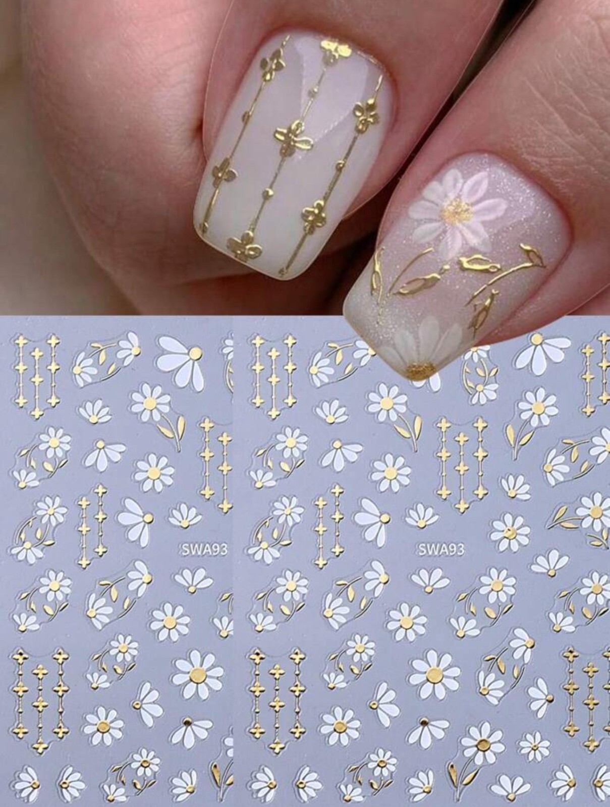 Nail Art Stickers Transfers Spring Summer Daisy White Gold Flowers SWA93