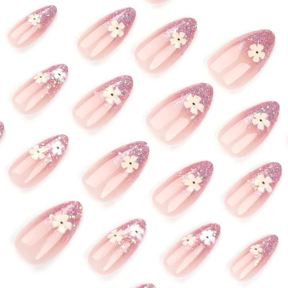 24 Pcs Pink Press on Nails Short Almond Nail Tips,Flower Acrylic Nail Kit Gli…
