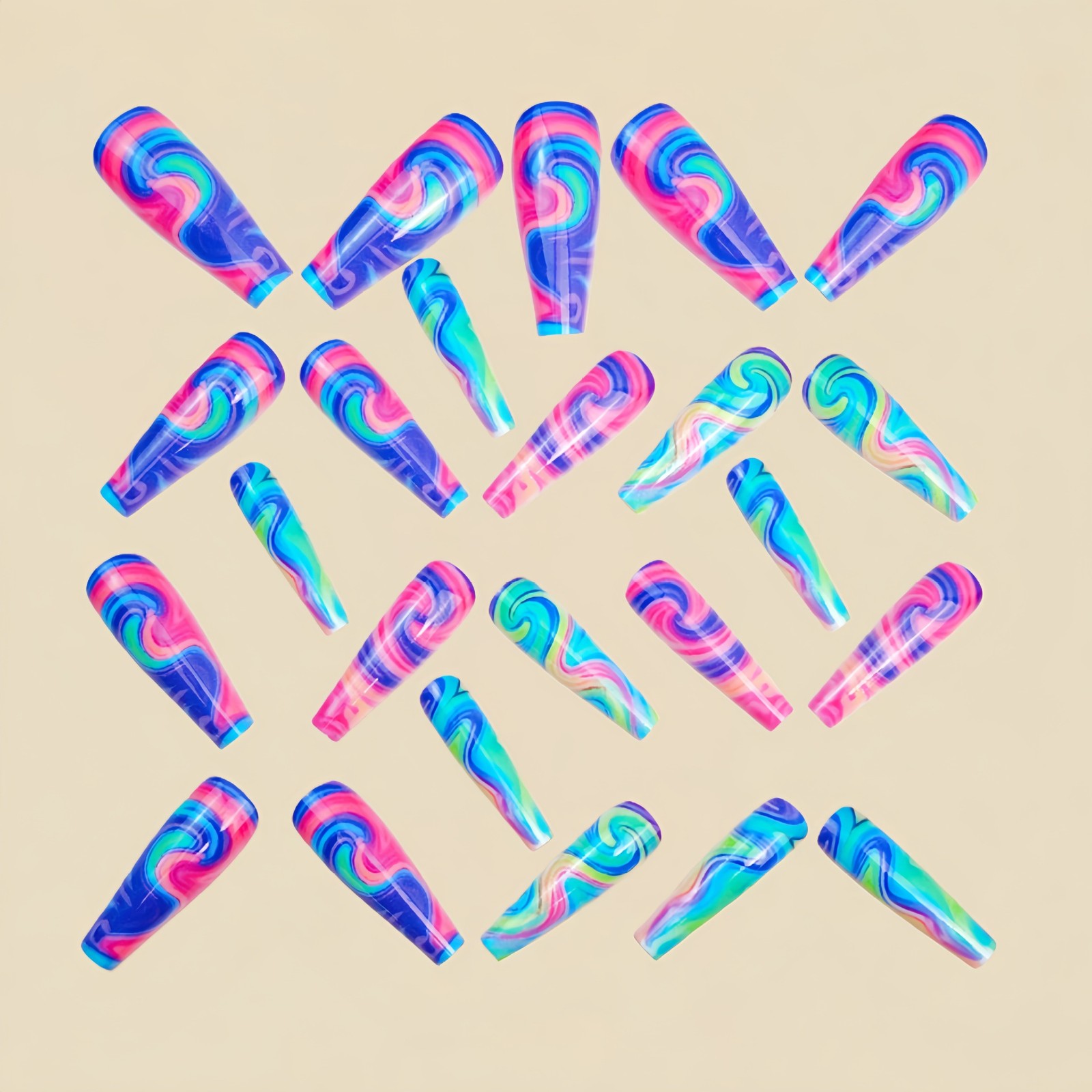 48Pcs Rainbow Swirl Press on Nails Neon Colorful Glossy Stylish Shiny Fake Nails
