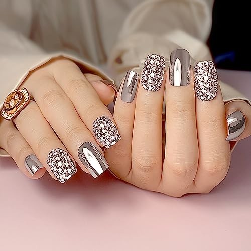 24 Pcs Glitter Rhinestones Metallic Silver Press on Nail bling square silver