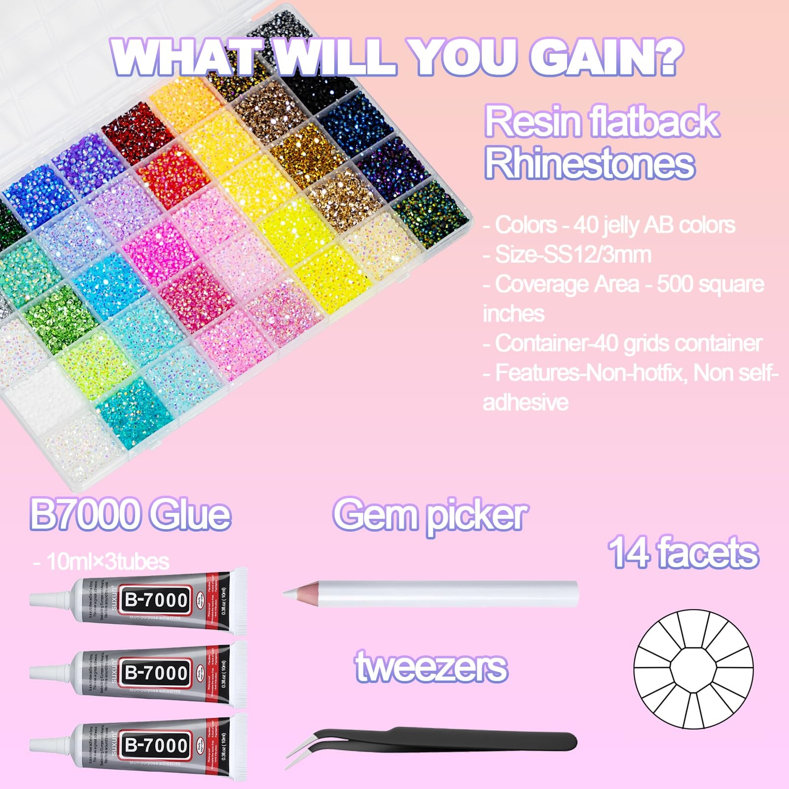 50000+Pcs Resin Jelly Rhinestones for Bedazzling Kit, 3mm Multicolor Flat Bac…