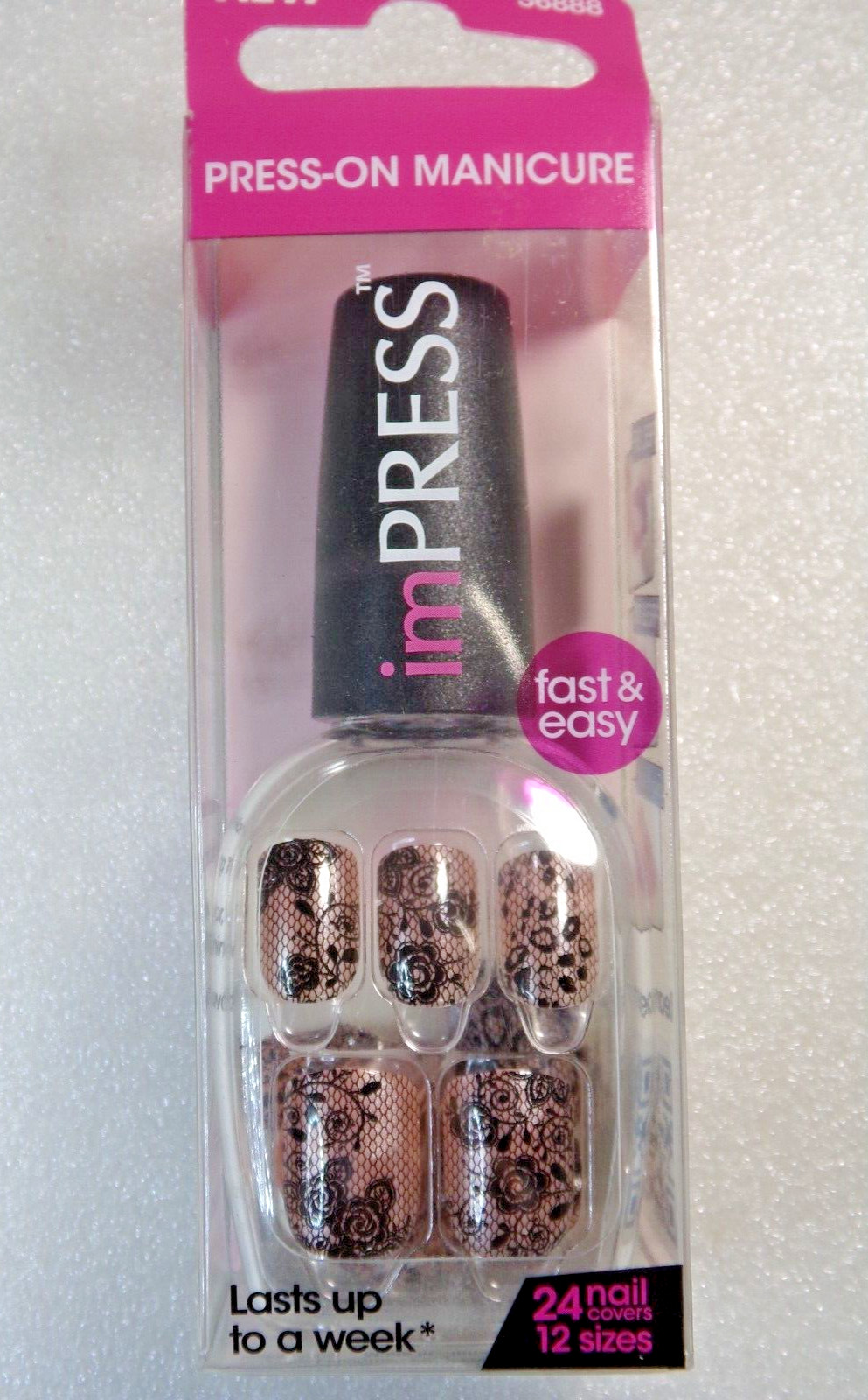 IMPRESS NAILS Pink with Rose Print Lace PRESS ON SHORT