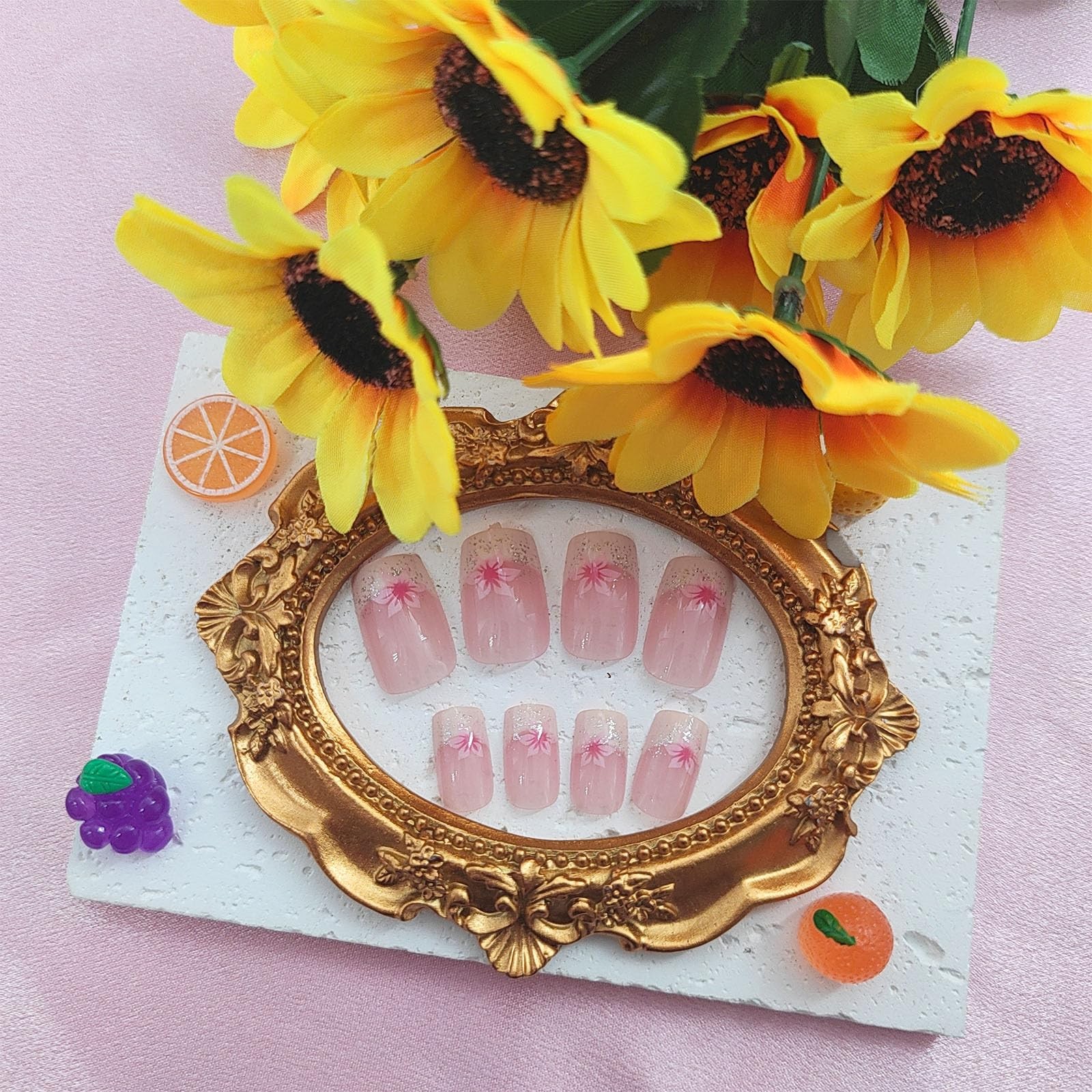 Medium Press on Nails Square Fake with Pink Medium, white pink nude