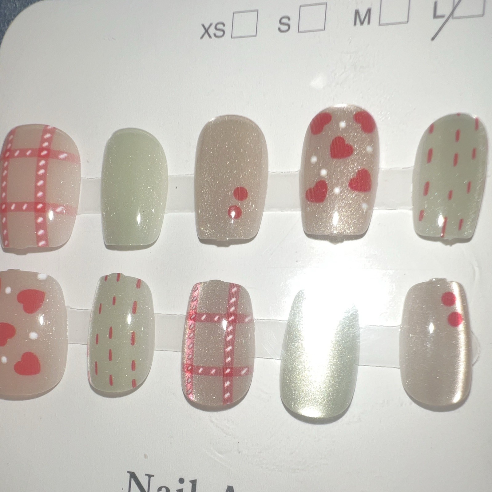 Medium Square Press-On Nails Full Cover Glitter Heart Beige/Green/Pink/Red