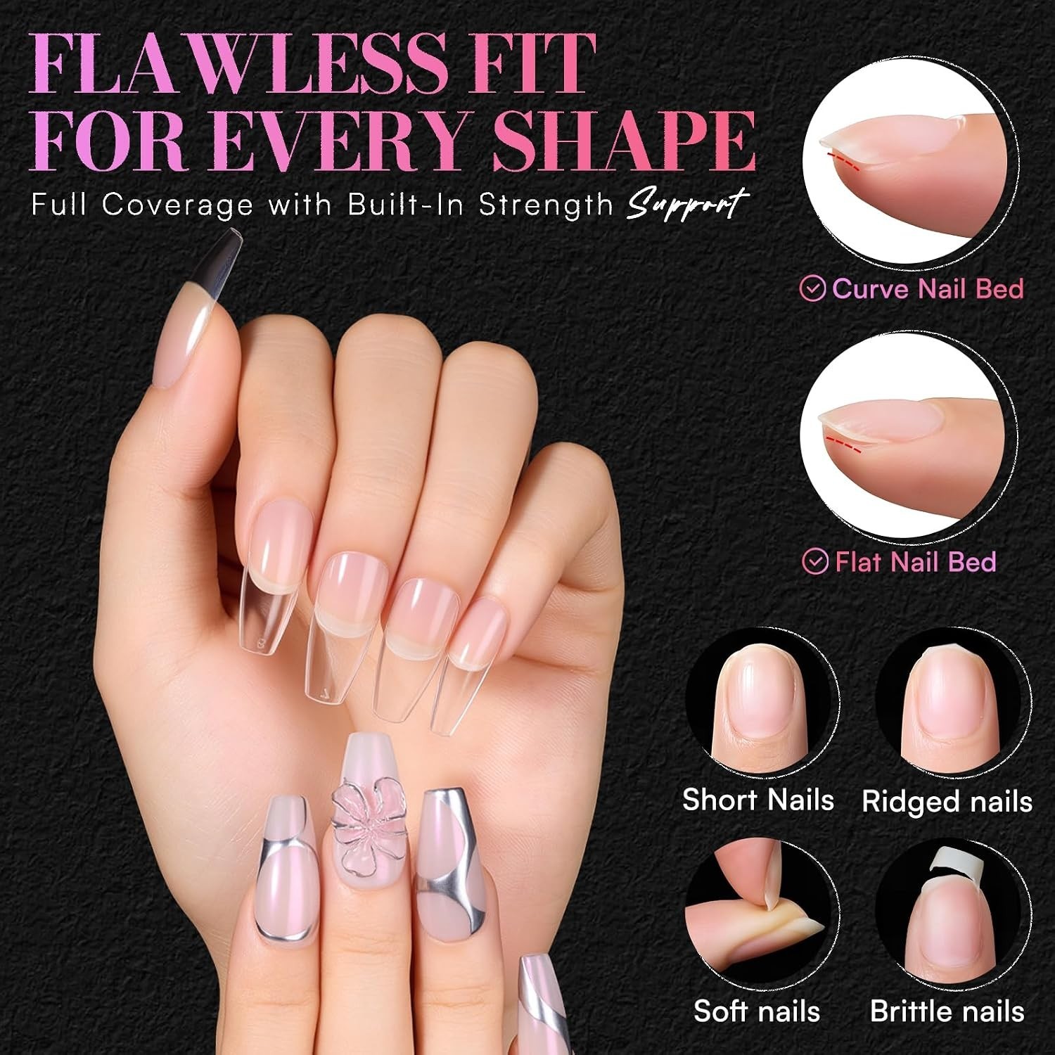 15 Sizes Medium Coffin Clear Nail Tips – Durable Half Matte Design, 504 PCS