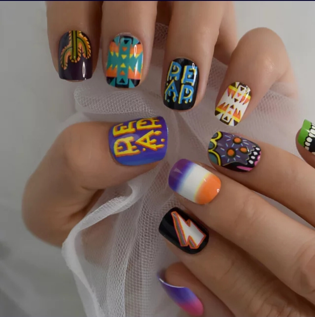 24 Short Press on nails kit w glue harajuku unique funky design black pink green