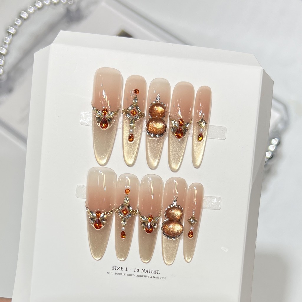 Handmade Fake Nail Shinny Ice-clear Cat Eye 3D Gold Diamond Gourd Press On Nail