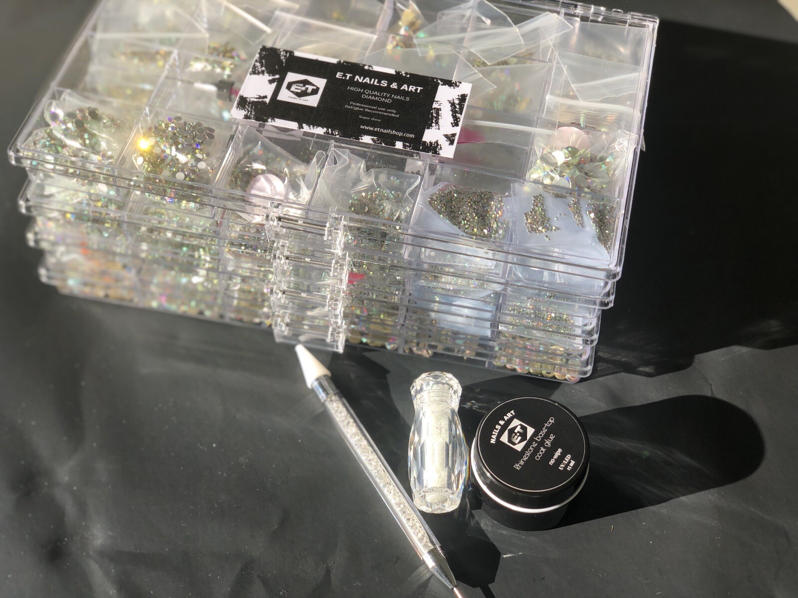 BIG HIGH QUALITY RHINESTONE BOX KIT, SUPER SHINE, 21 GRID BOX & GEL GLUE