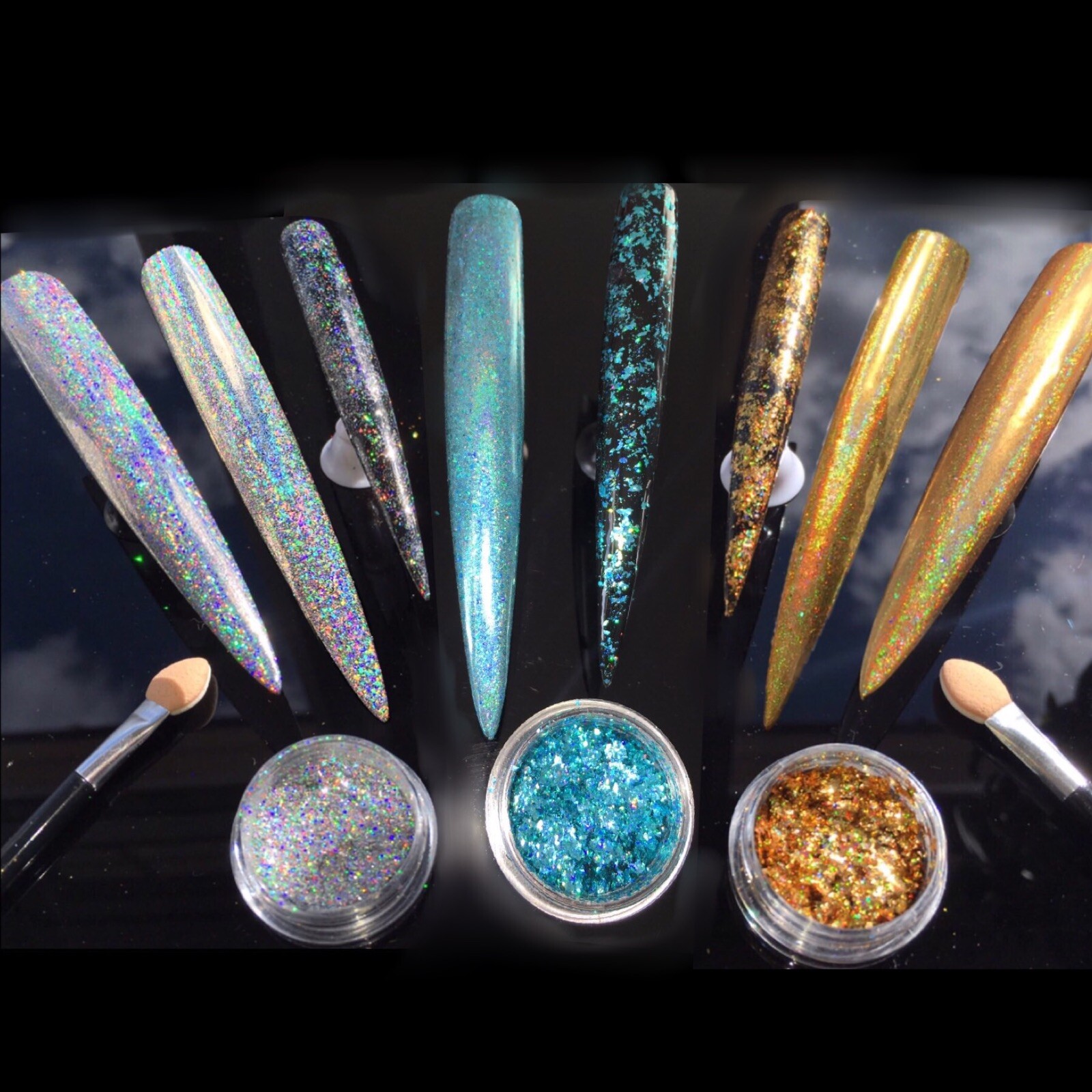 GALAXY HOLO FLAKES Gold Chrome Holographic Nail Sequins Unicorn Powder Rainbow