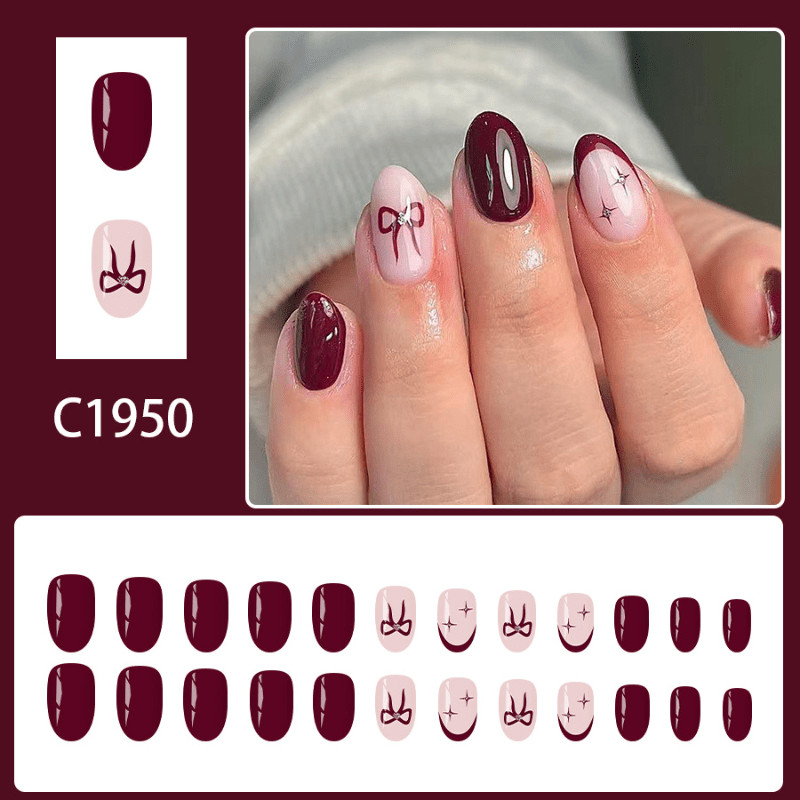 48Pcs-Long Almond Burgundy Nude Bow Star Rhinestone Fake Press on Nails Set