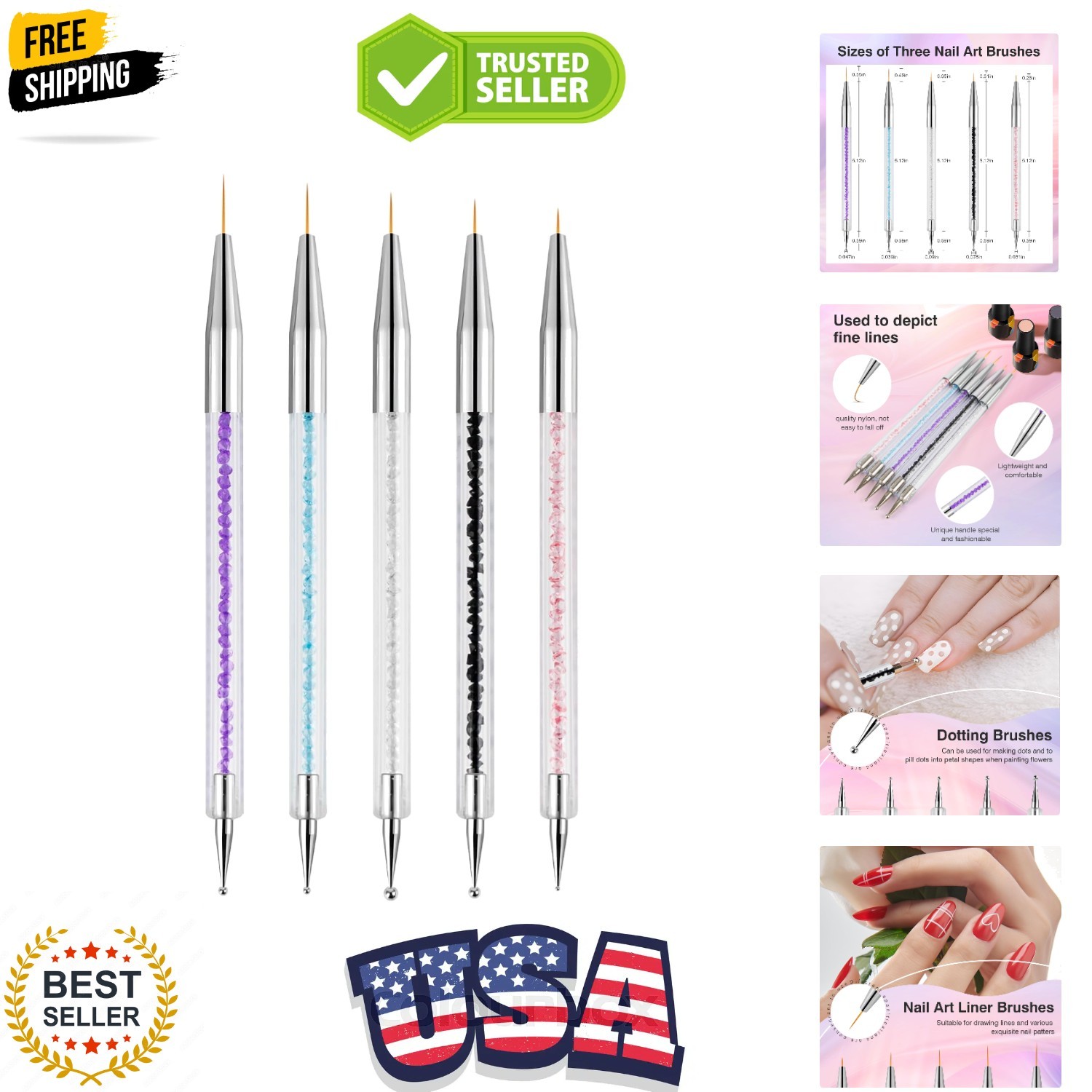 Nail Art Brushes 5PCS Nail Brush Set with Liner Brush and Dotting Pens for Ho…
