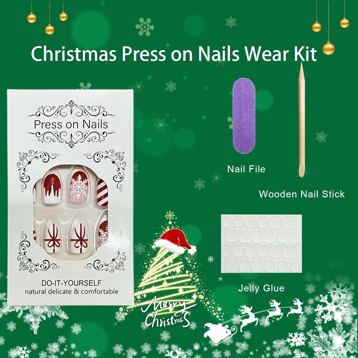 Christmas Press on Nails Short Oval Fake Nails with Bow Snowflake Stripe Desi…