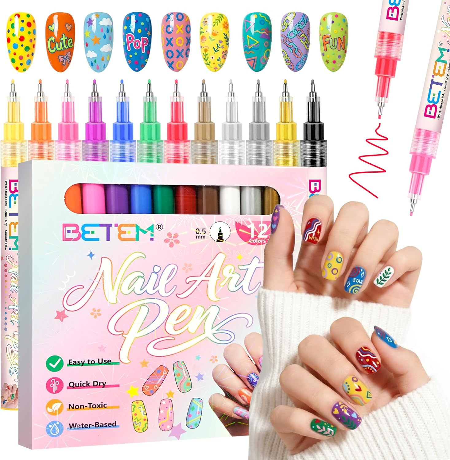 Betem Nail Art Pens Set, Fine Tip 12 Colors Nails Art Markers Non-Toxic, Quick-D