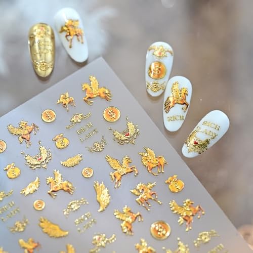 Gold Nail Stickers 5D Embossed Horse Animal Prints Nail Decals Soaring Color 7