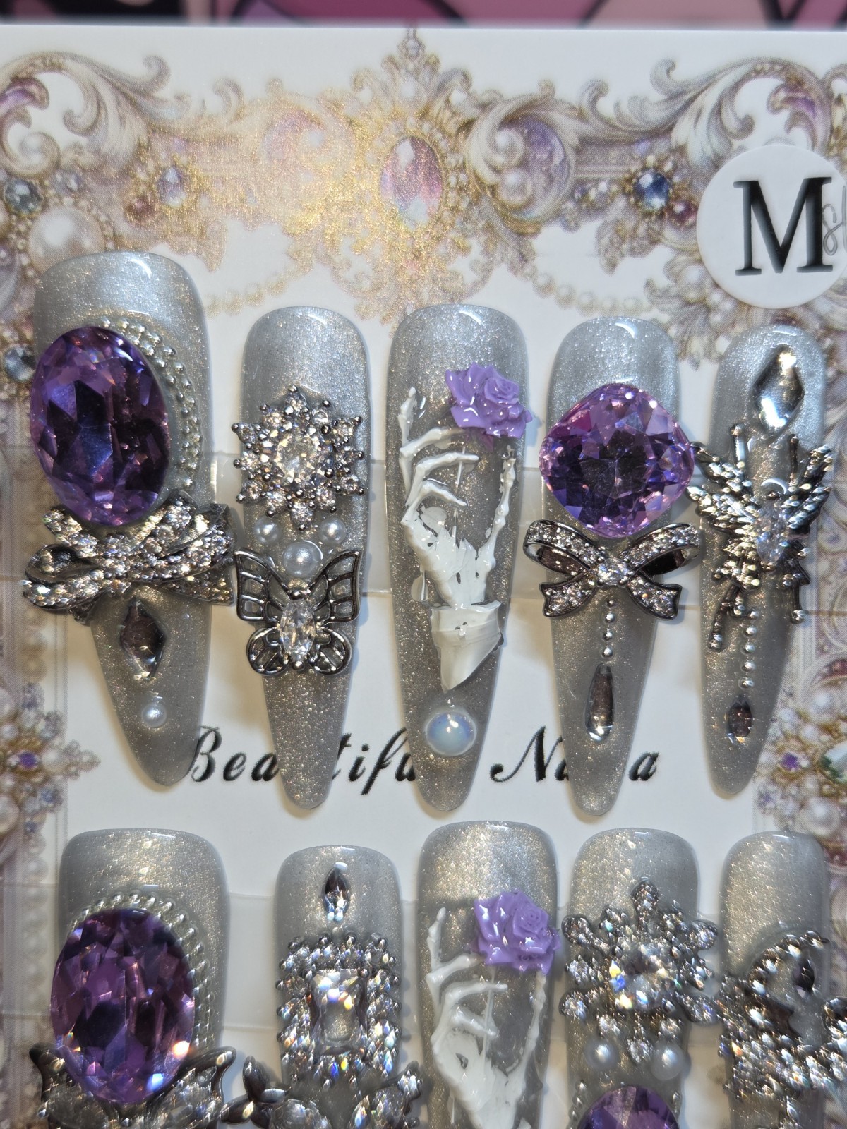 Press On Nails Handmade Medium Gray purple charms butterflies, gothic hand rose