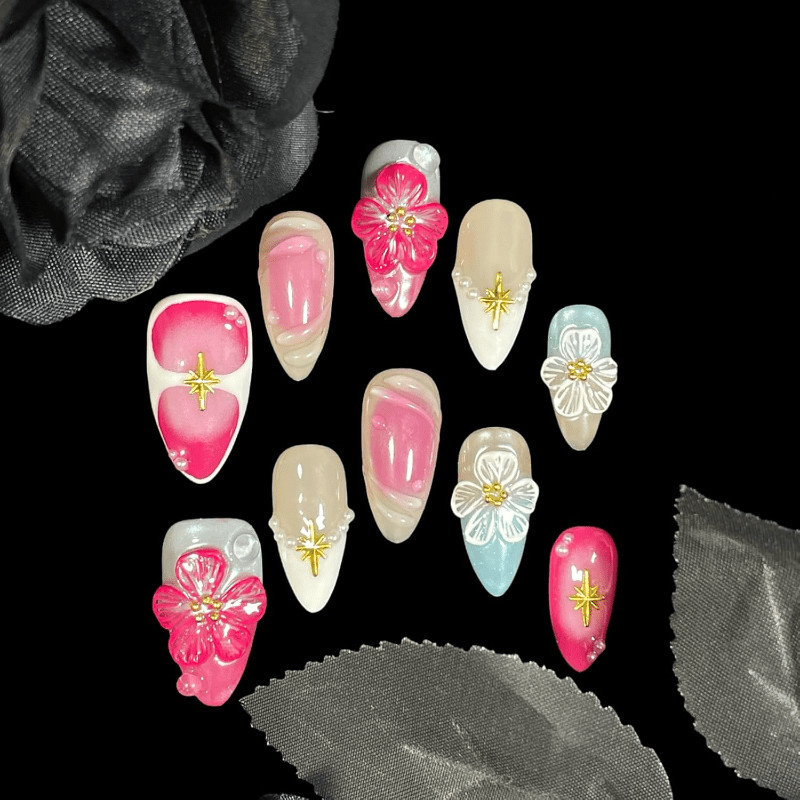 Handmade Medium Almond Fake Nails Pink Blue Ombre 3D Flower Starburst Pearl