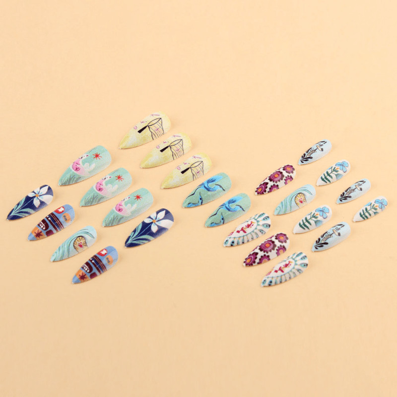 48pcs Almond Press on Nails, Retro Floral Bird Art Print Unique Fashion Nails