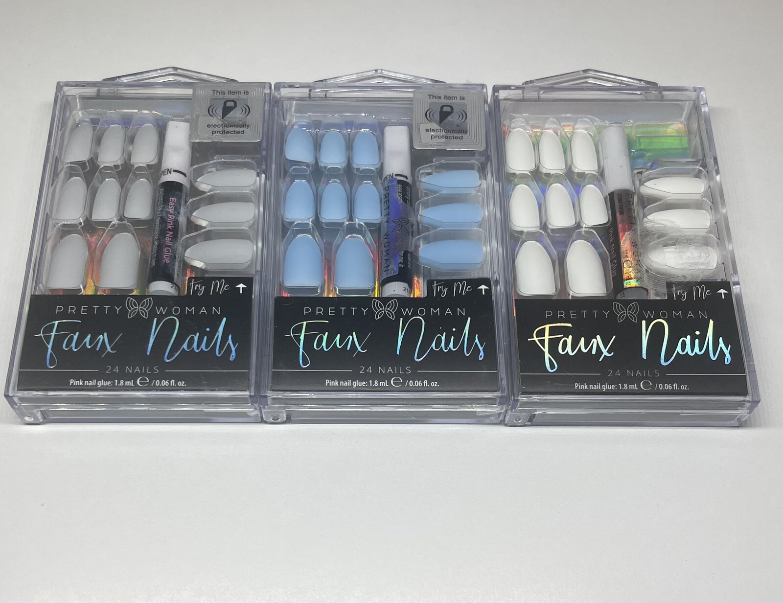 Pretty woman faux nails lot:3 Boxes Each Has 24 Nails Gray,Blue White Matt Color