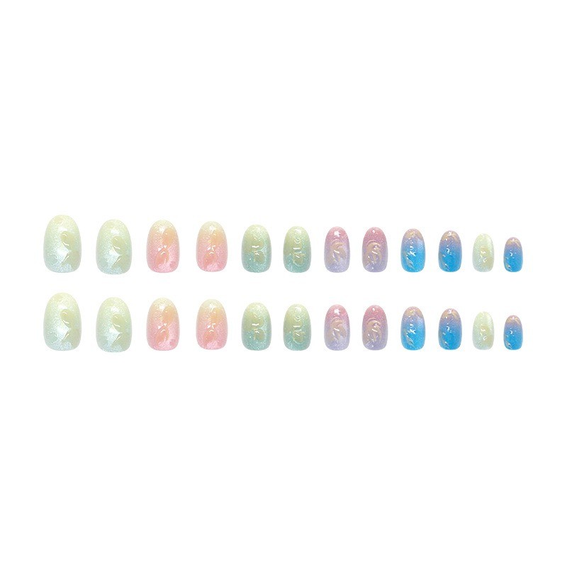 48pcs-Press on Nails Cat Eye Goldfish Print Water Drop Round Oval Nail Art Set