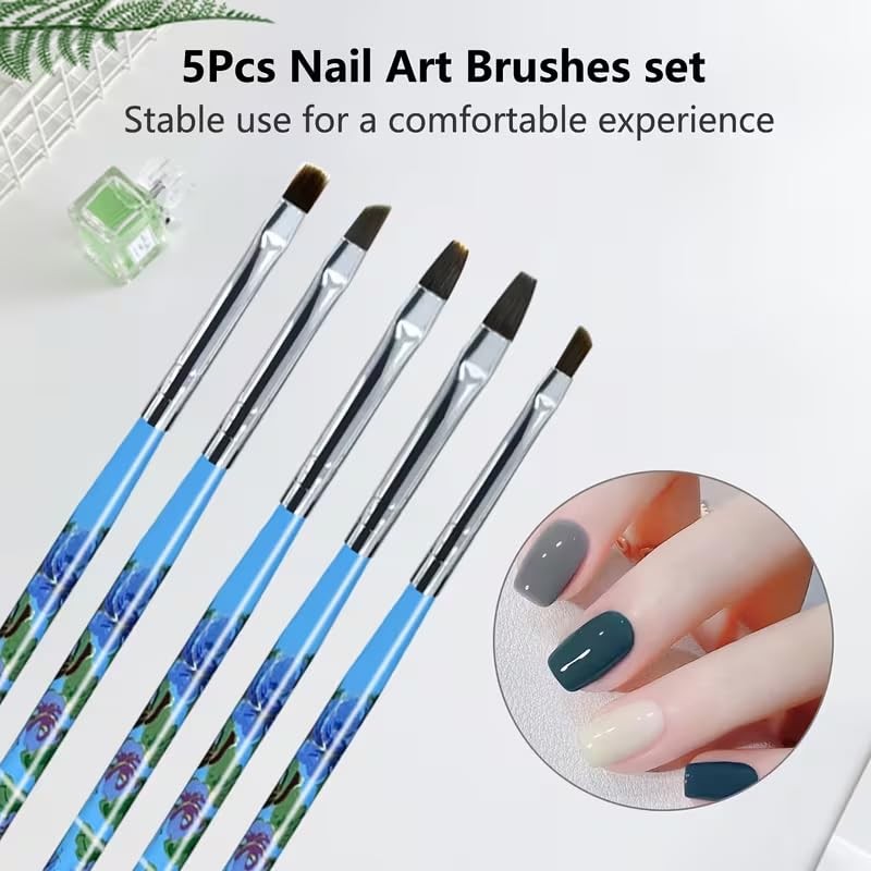 5Pcs UV Gel Nail Brush Set, Floral Handle Flat & Angled Nail Art Brushes, Blue