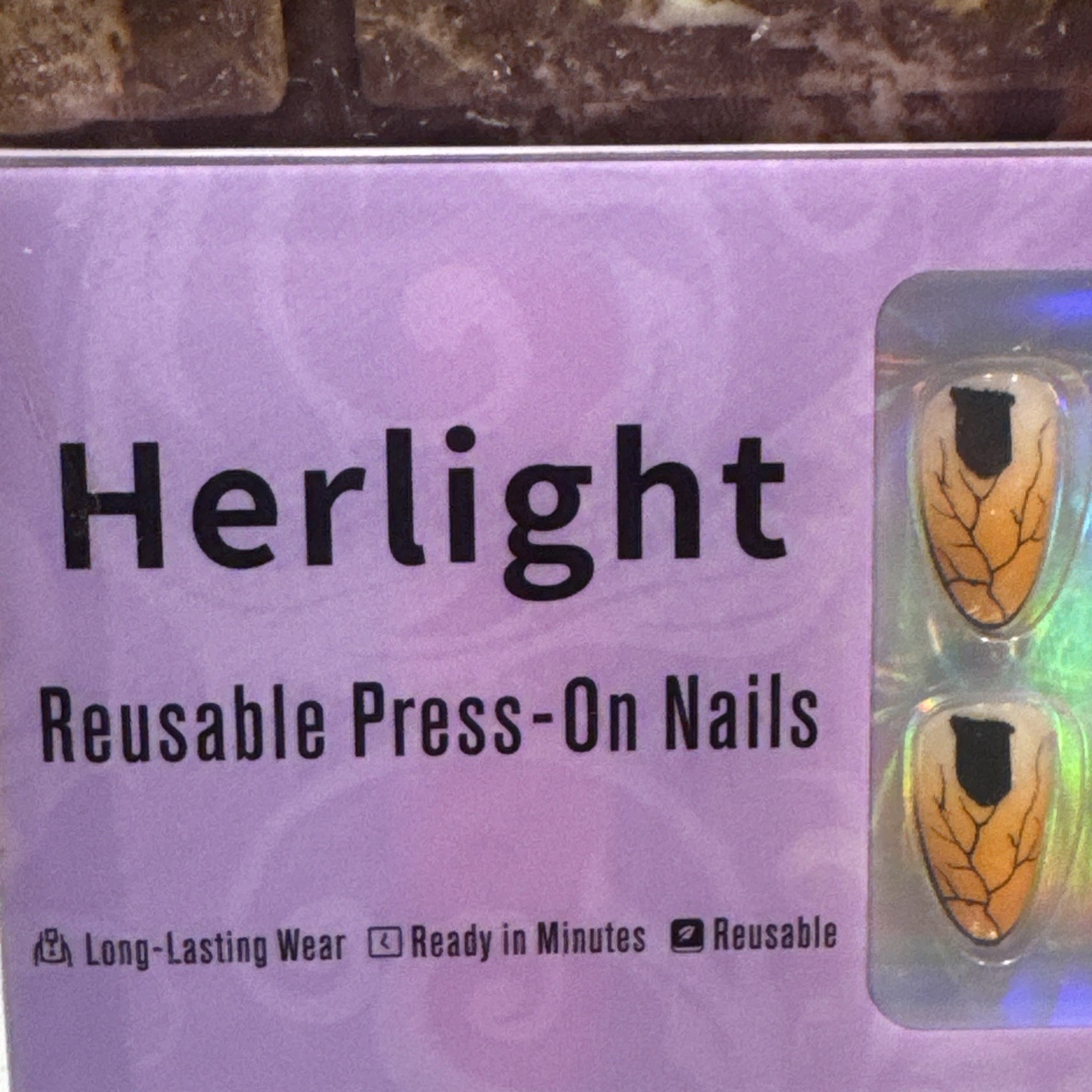 Herlight Press-On Nude Orange Spider Webb 3/4” Reusable Nails Full Set w/glue