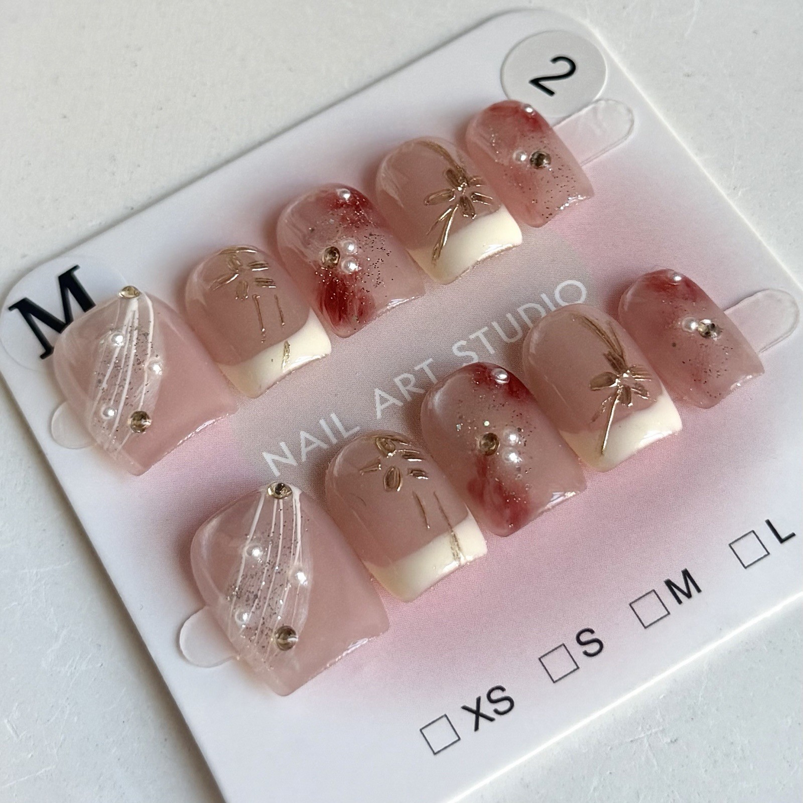 Handmade White French Tip Press-On Nails Short Square Size M Reusable Fake Nails