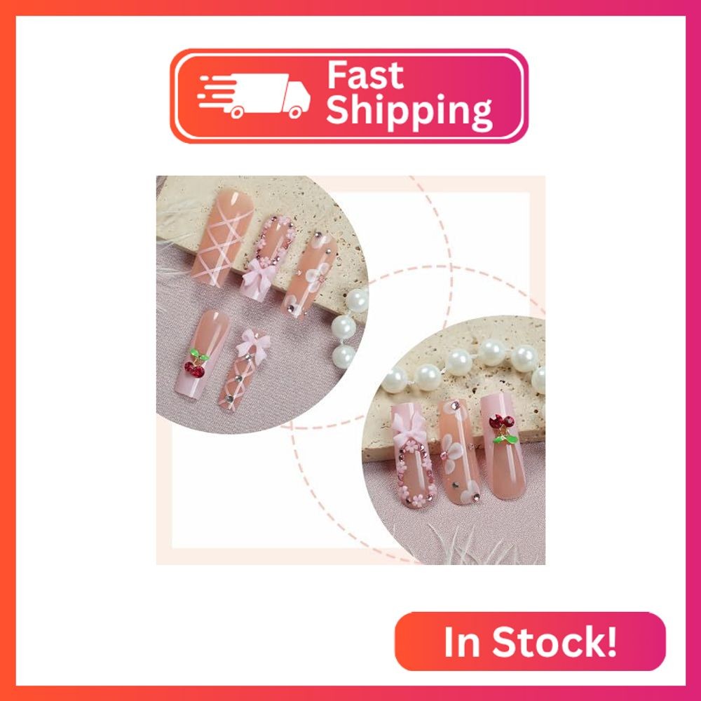 BABALAL Press on Nails Long Square Fake Nails Pink French Tip Glue on with Cherr