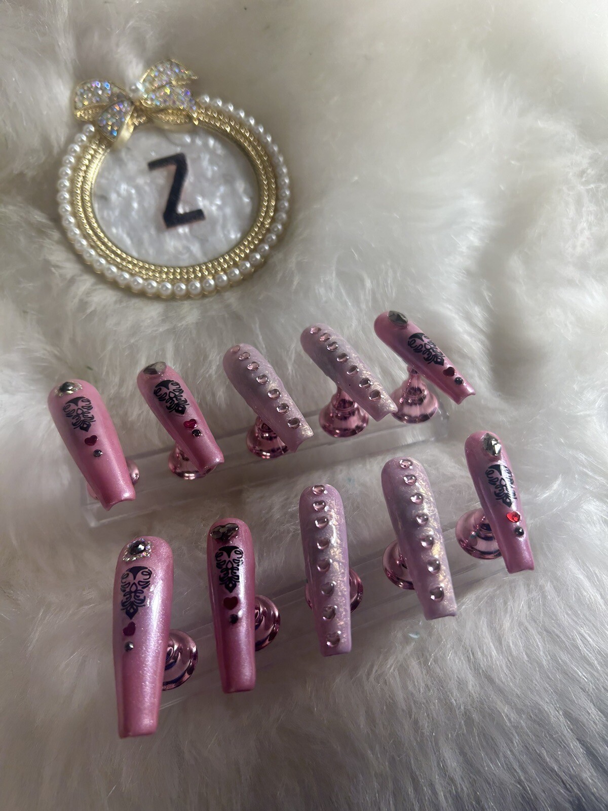 Z NAILZ! 10 Pc Handmade Set 2XL Coffin Pink W/heart Stones Shiny Press On Nails