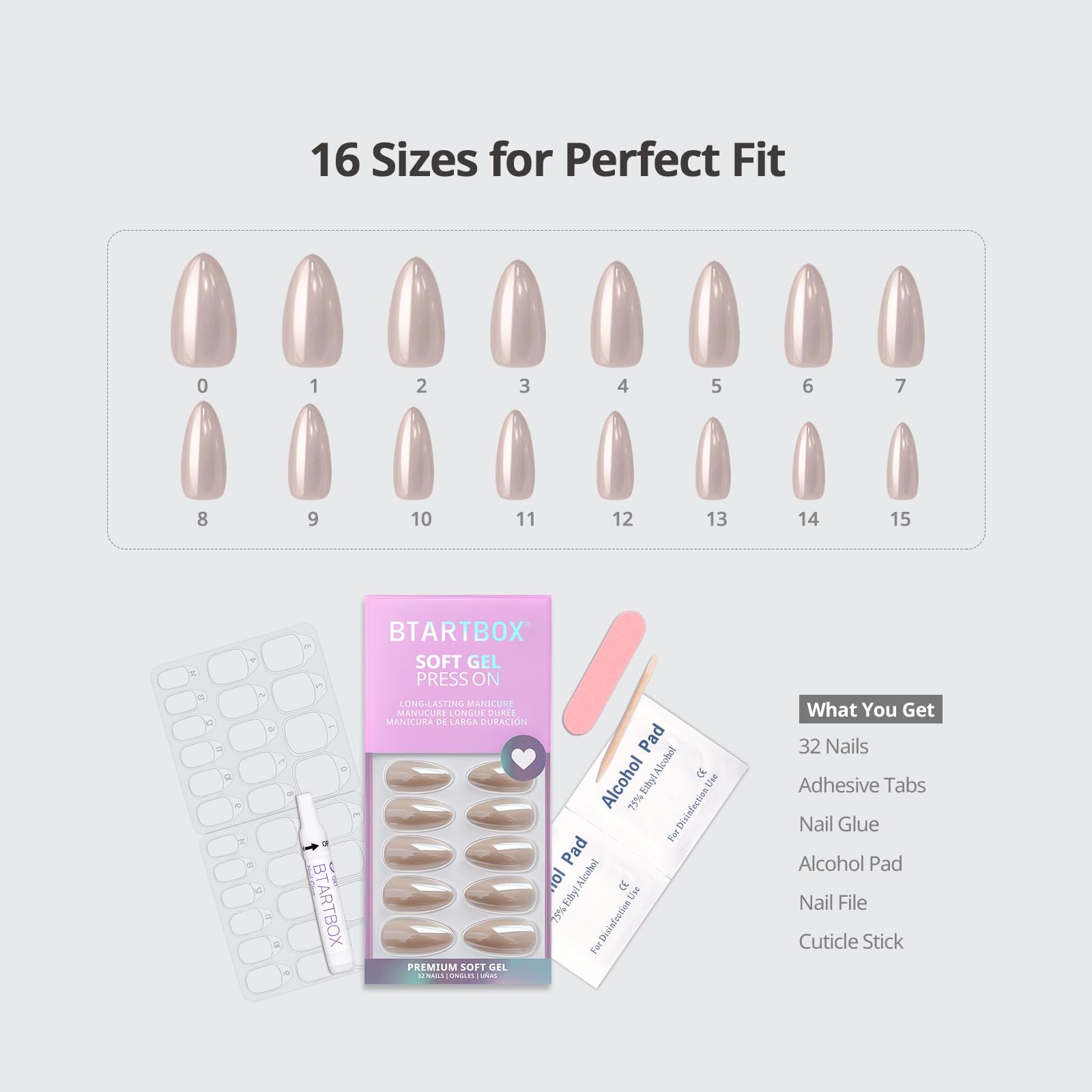 Press On Nails, Nuts Glazed, Medium Almond, Chrome Nude, 32Ct