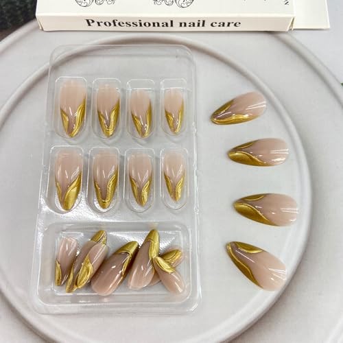 Press on Nails Medium Almond Fake Nails with Designs 3D Gold Gold French Tip