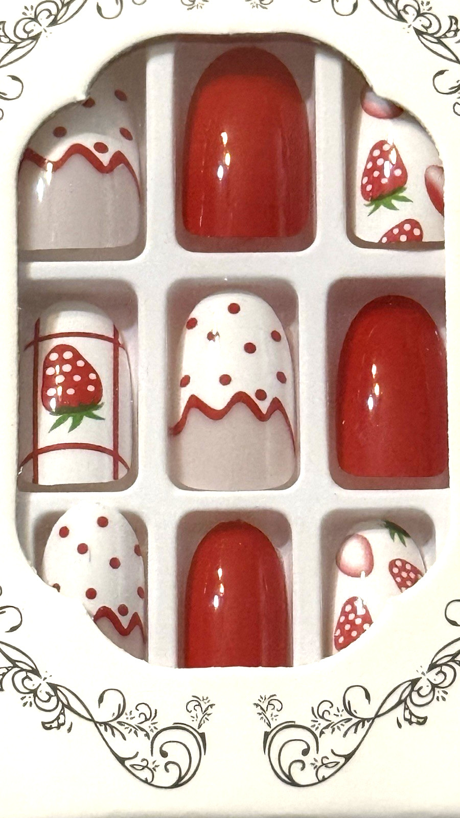 Beautiful Nail STRAWBERRY POLKA DOT FRENCH Press On Mani Short Round *NEW BOXED*