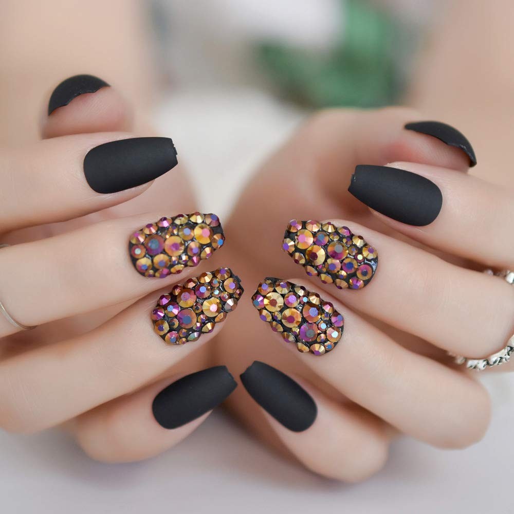 Frosted Coffin Nails Set Crystal Press On Medium (24 Count), Black