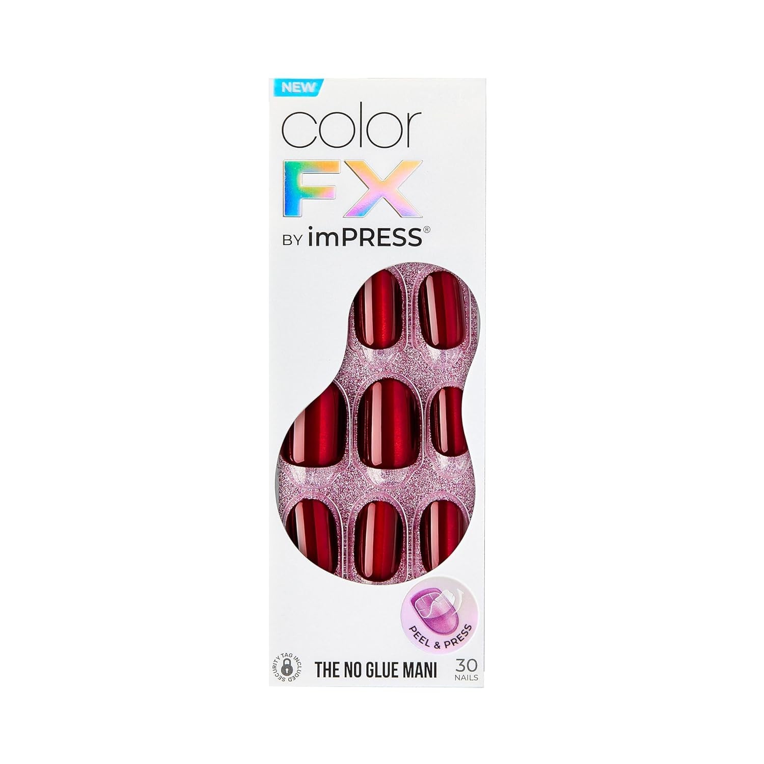 No Glue Mani Press on Nails, Color FX, ‘Hidden Gem’, Red, Short Size, Oval Shape
