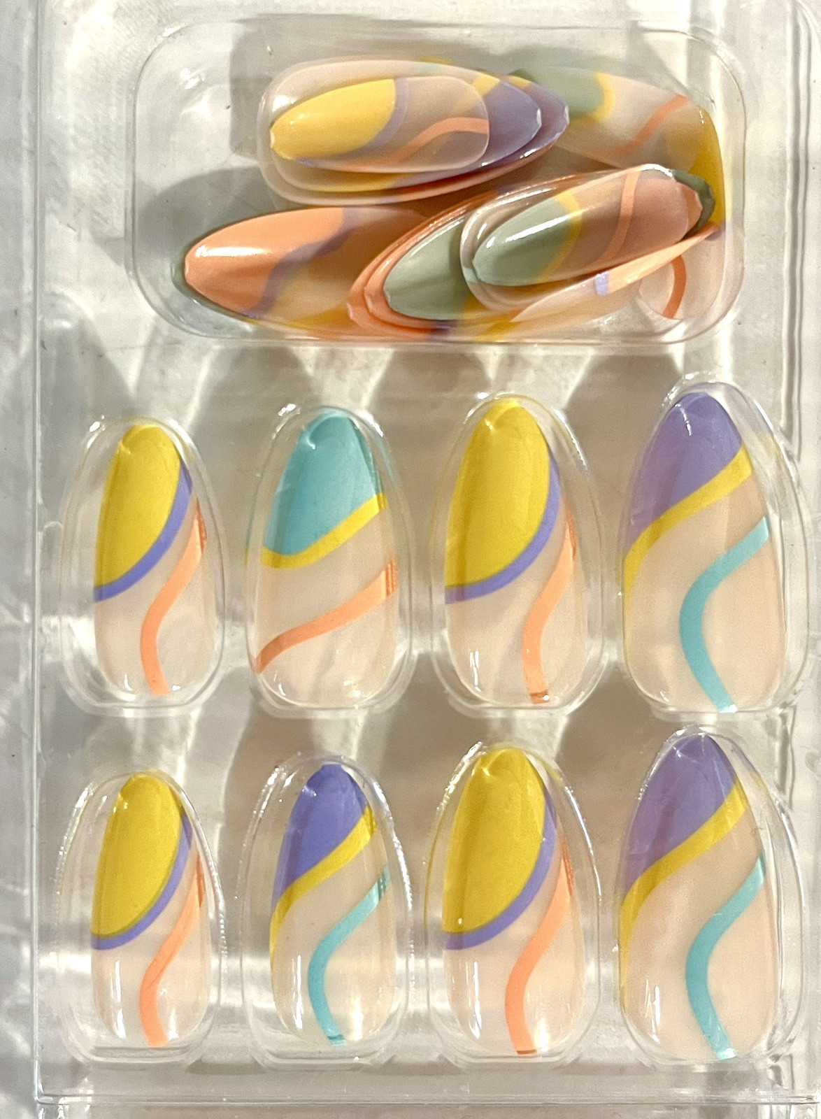 Press On Nails Medium Almond Shape Designer Nails Blue/Yellow/Purple Retro Swirl