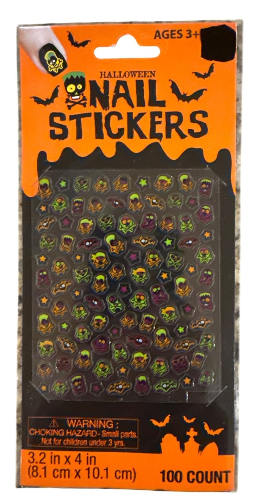 Halloween 100 NAILS STICKERS Orange+Green+ SKULLS+MUMMIES+BATS+STARS+CROSSBONES