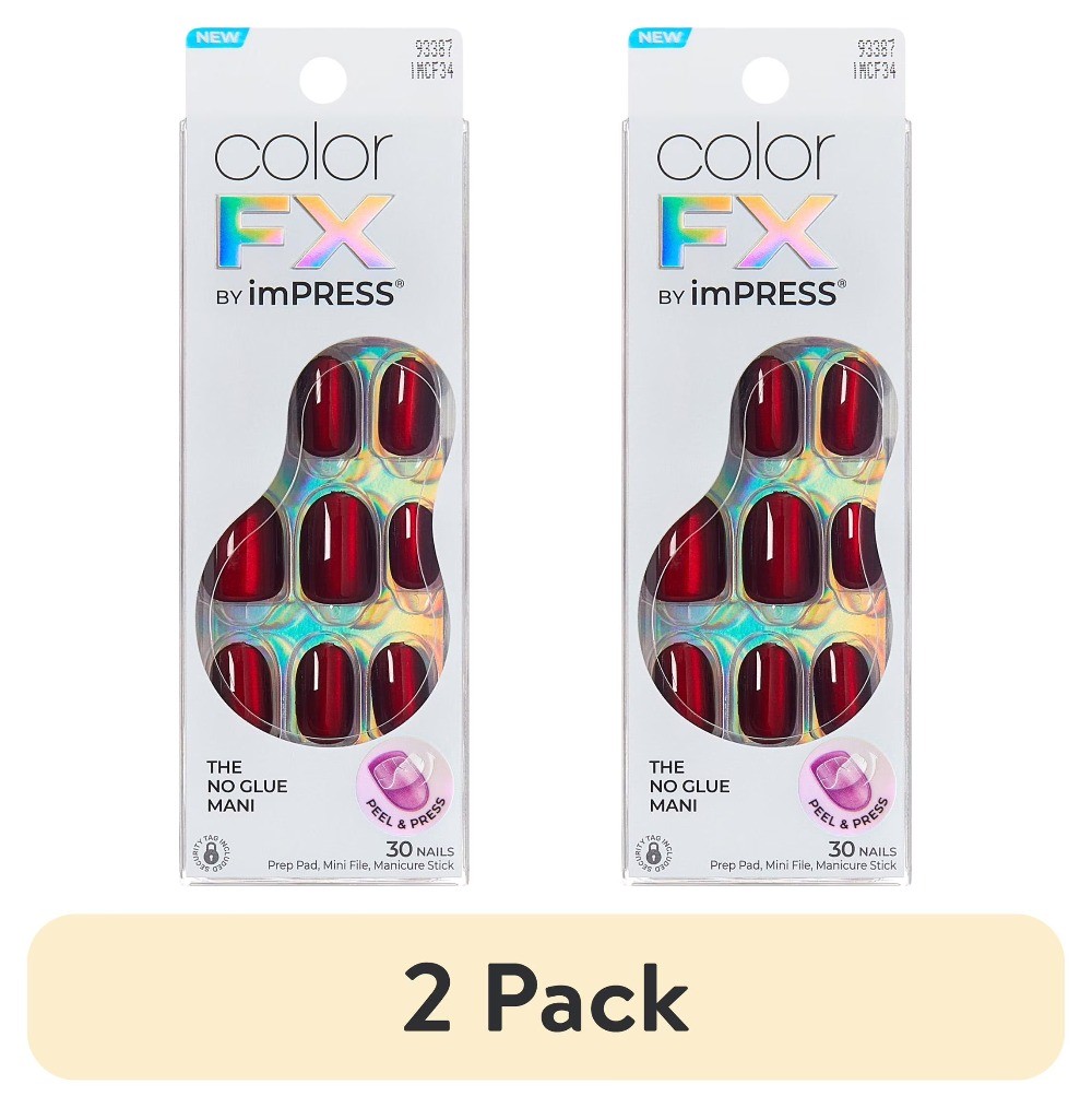 (2 pack)Impress Color FX Short Oval Press on Nails, Red, 30 Pieces