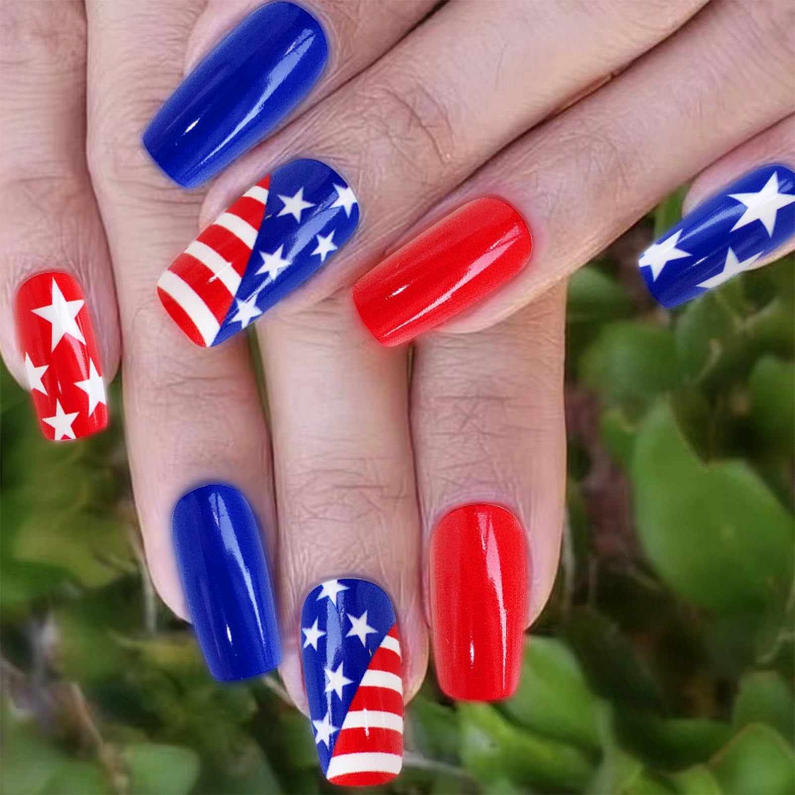 24Pcs 4th of July Press on Nails Medium Square Independence Day Fake Nails Gl…