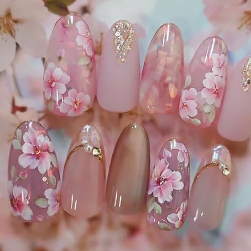 24Pcs Pink Flower Press on Nails Medium Almond Fake Nails Flower Fake Nails-2