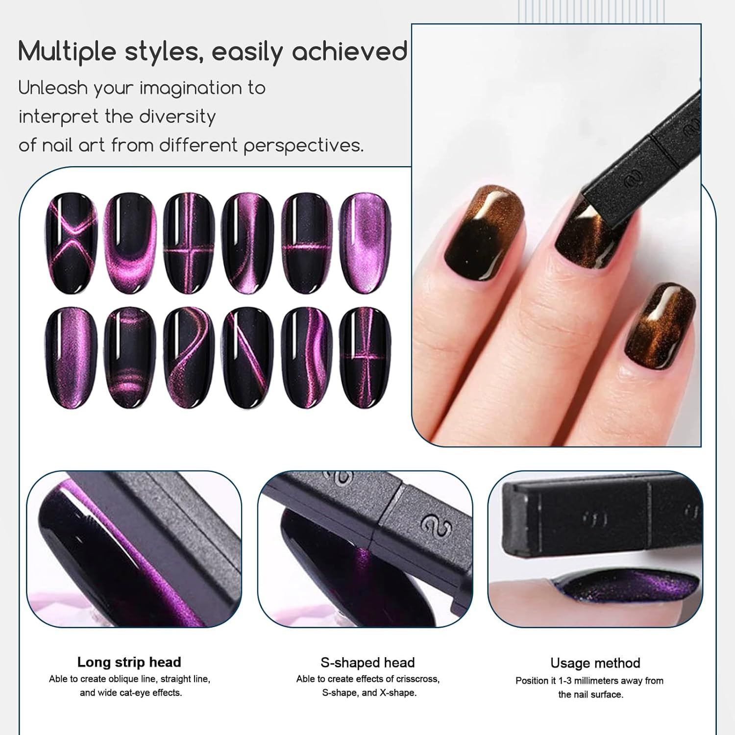 26 Pieces Cat Eye Magnet for Nails 3-In-1 Nail Heart Magnets Cylindrical Strong