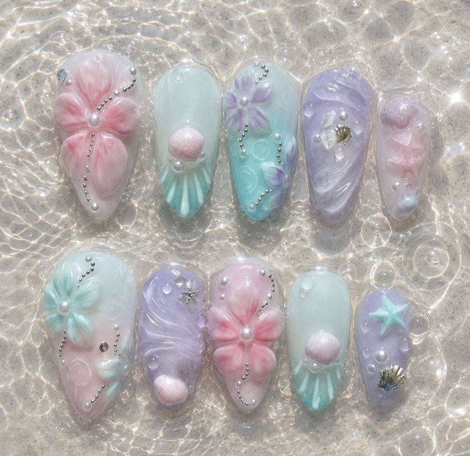 24Pcs Middle Length French Press On Nails 3D Pearl Almond