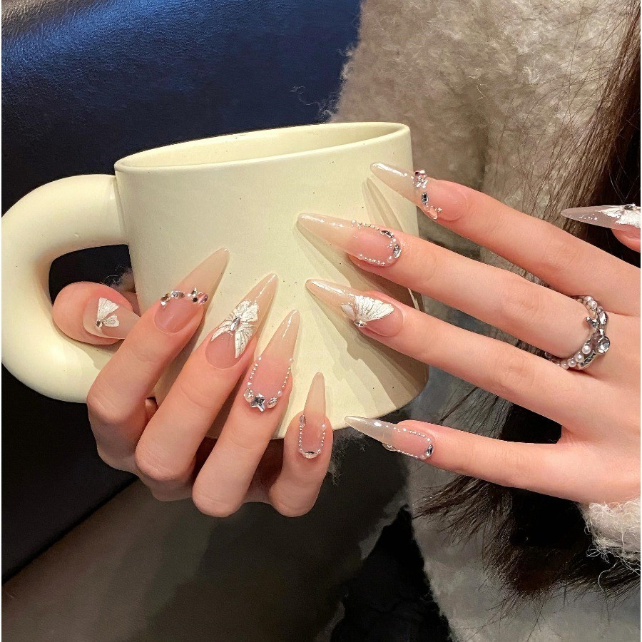 10Pcs Nude Rhinestone Swallowtail Butterfly 3D Carved Medium Almond Nails
