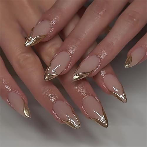 Press on Nails Medium Almond Fake Nails with Designs 3D Gold Gold French Tip
