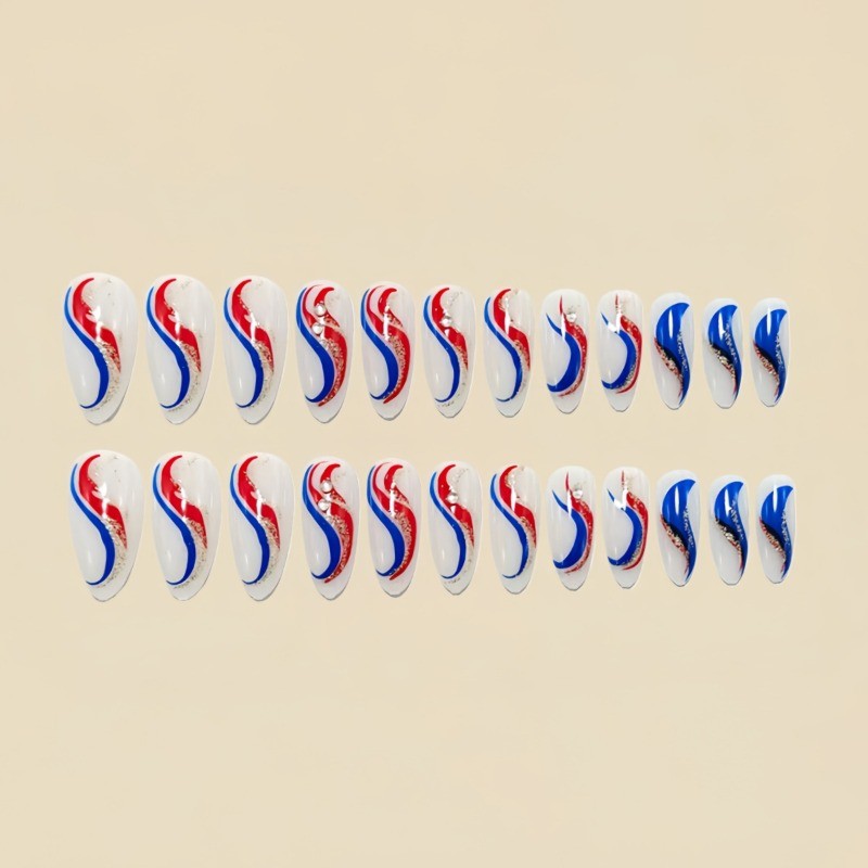 48 Pcs of Red and Blue Striped Round Head Almond Removable and Reusable Nail Art