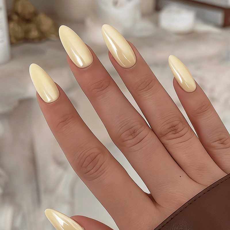 48Pcs-Medium Almond Solid Cream Yellow Glossy Minimalist Daily Press on Nails
