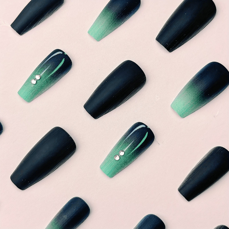 48P Long Coffin Press on Nails, Black Mint Green Gradient Luxury Fake Nails