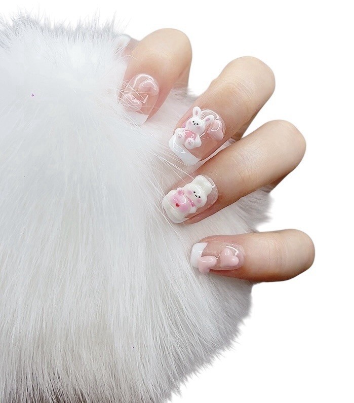Press On Nails (#073) Pink Rabbit Short with Character Design and White Glitter